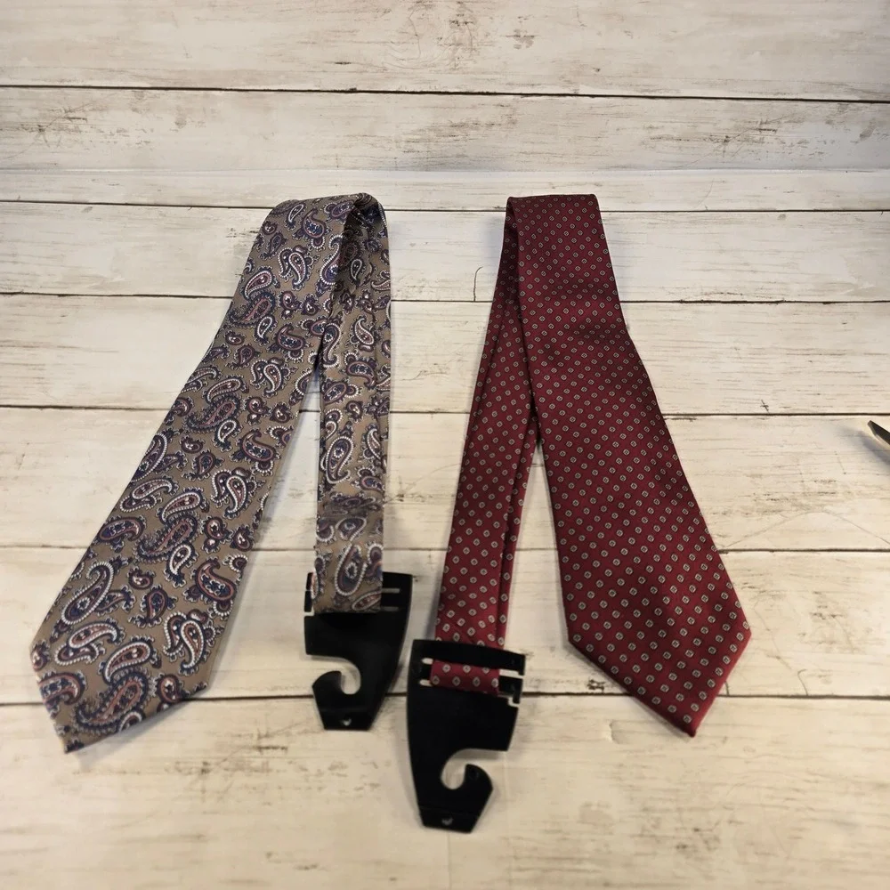 Yves Saint Laurent Silk Tie Lot 2 Burgundy Geometric & Taupe Paisley Vintage YSL
